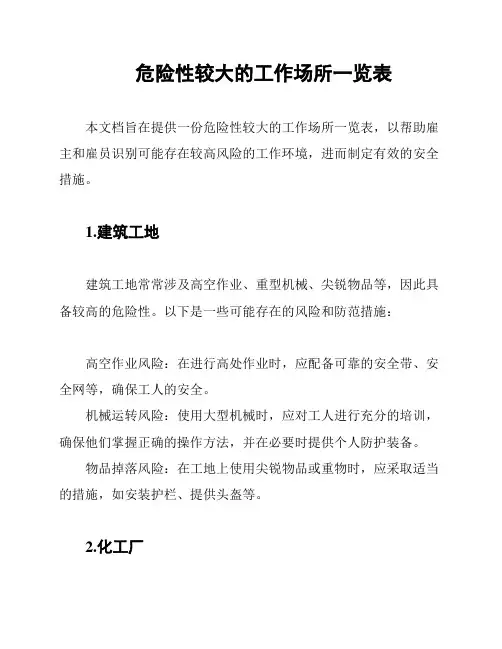危险性较大的工作场所一览表