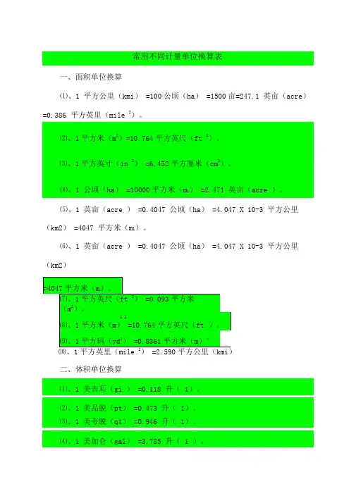 常用计量单位换算表
