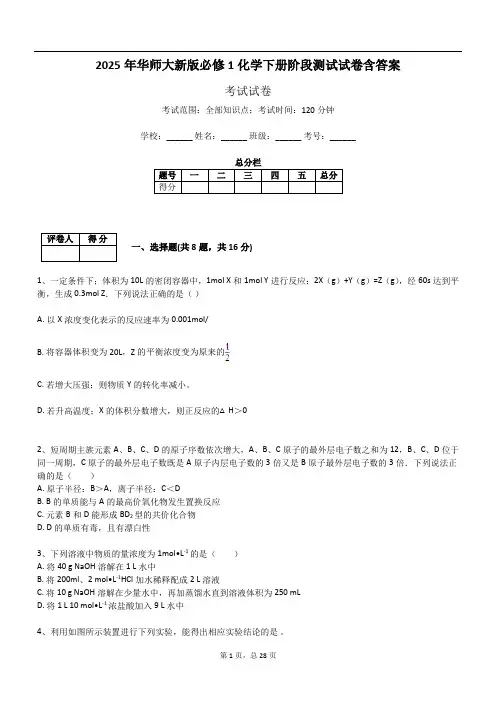 2025年华师大新版必修1化学下册阶段测试试卷含答案