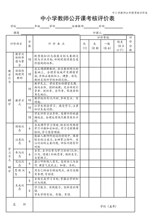 中小学教师公开课考核评价表
