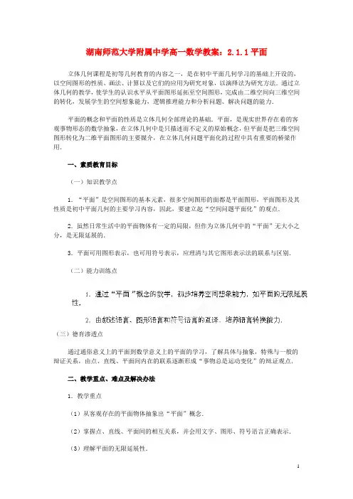 湖南师范大学附属中学高一数学 2.1.1平面教案