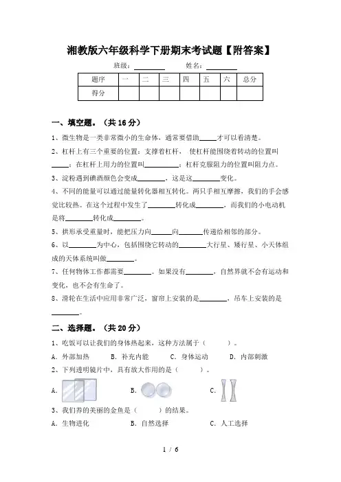 湘教版六年级科学下册期末考试题【附答案】