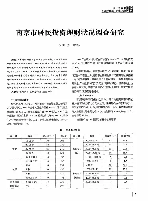 南京市居民投资理财状况调查研究