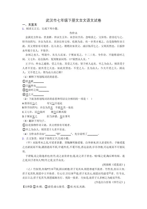 武汉市七年级下册文言文语文试卷