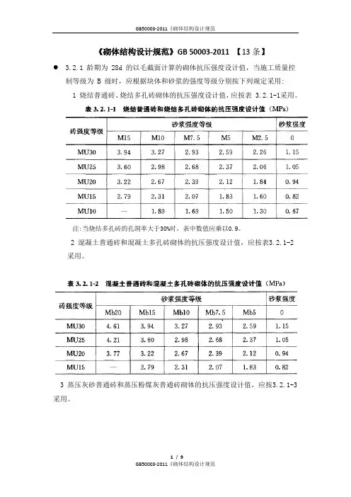 (完整版)GB50003-2011《砌体结构设计规范