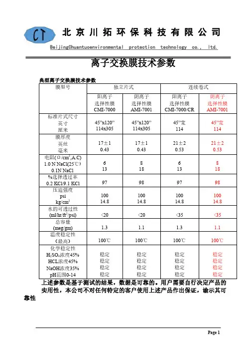 MI离子交换膜技术参数