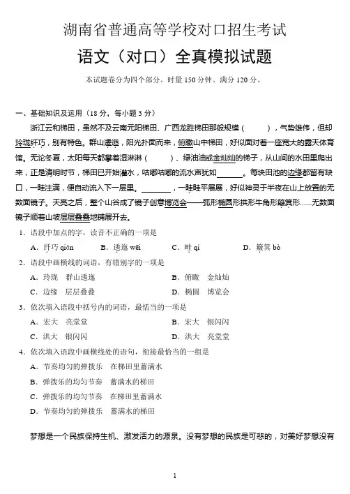 湖南省2016年对口升学考试语文全真模拟试题
