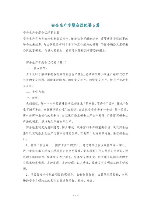 安全生产专题会议纪要5篇