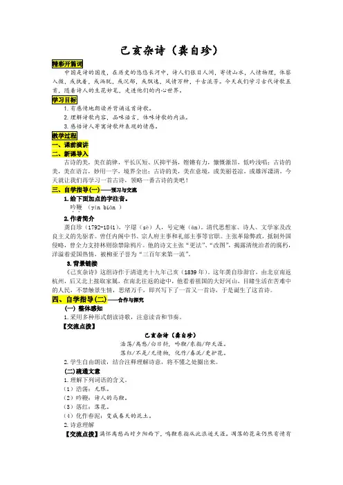 新人教版(部编)七年级语文下册《五单元 . 阅读  20 古代诗歌五首  己亥杂诗(其五)》研讨课教案_1