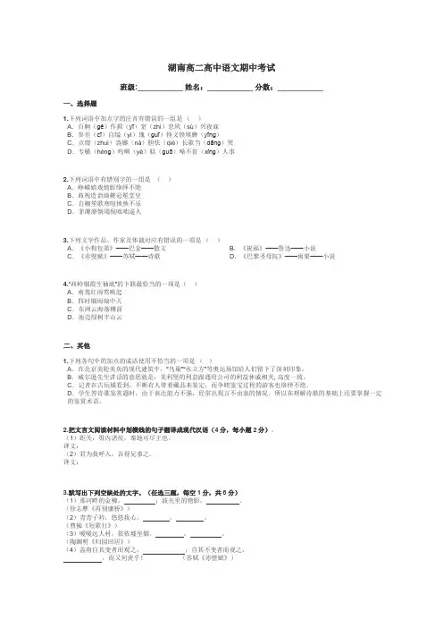 湖南高二高中语文期中考试带答案解析
