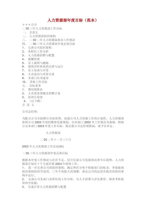 人力资源部年度目标(范本).doc