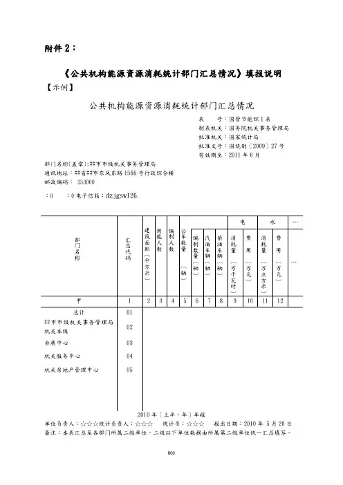 公共机构能源资源消耗统计部门汇总情况填报说明