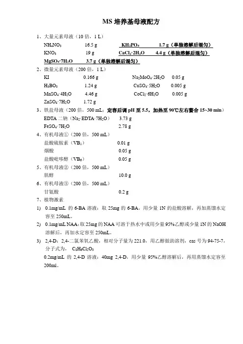 MS培养基母液配方