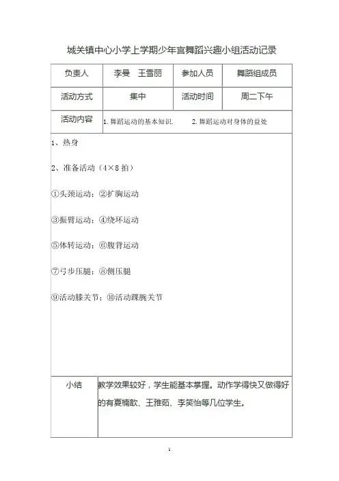 城关镇中心小学上学期少年宫舞蹈兴趣小组活动记录汇总