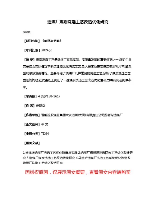 选煤厂煤炭洗选工艺改造优化研究