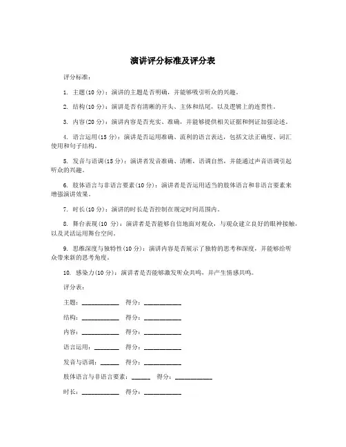 演讲评分标准及评分表