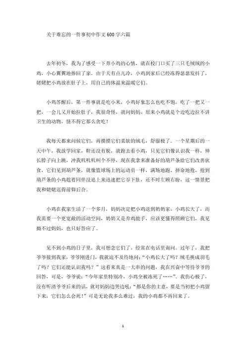 关于难忘的一件事初中作文600字六篇(精选)