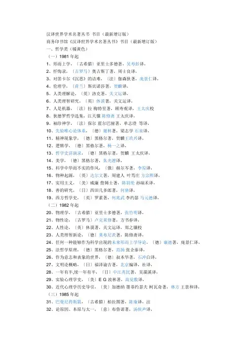 商务印书馆《汉译世界学术名著丛书》书目