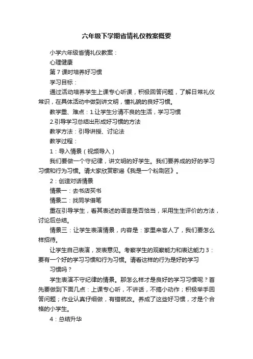 六年级下学期省情礼仪教案概要