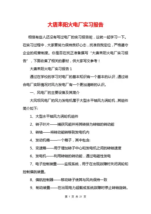 大唐耒阳火电厂实习报告