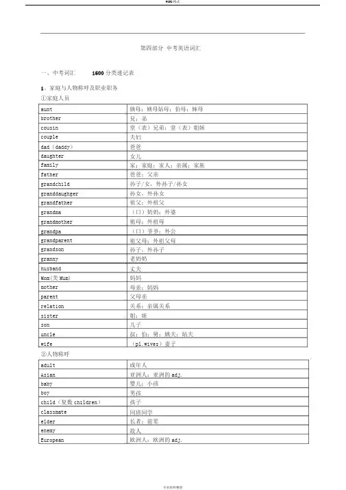 中考英语1600标准词汇分类速记表