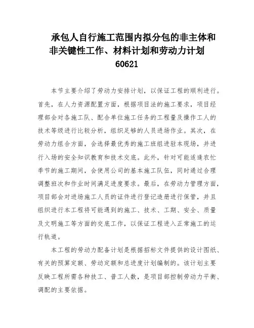 承包人自行施工范围内拟分包的非主体和非关键性工作、材料计划和劳动力计划60621