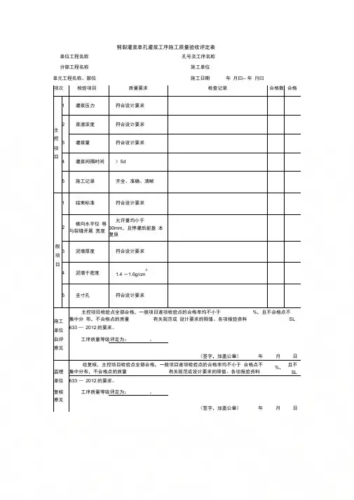 劈裂灌浆单孔灌浆工序施工质量验收评定表