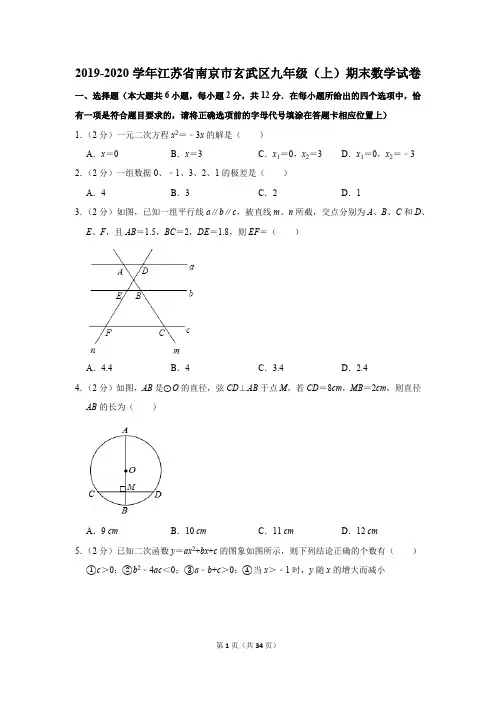 2019-2020学年江苏省南京市玄武区九年级(上)期末数学试卷