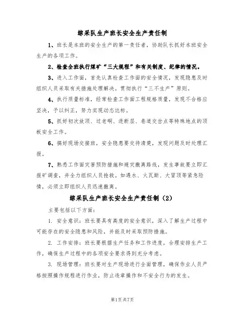综采队生产班长安全生产责任制(5篇)