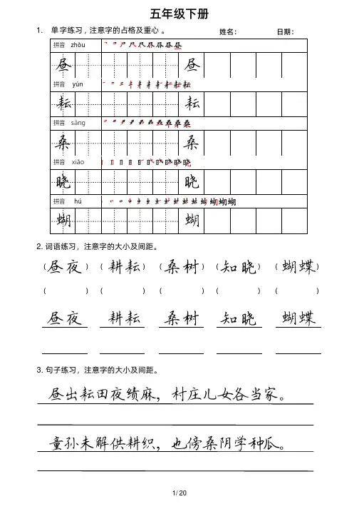 小学五年级下册楷书字帖(可打印)