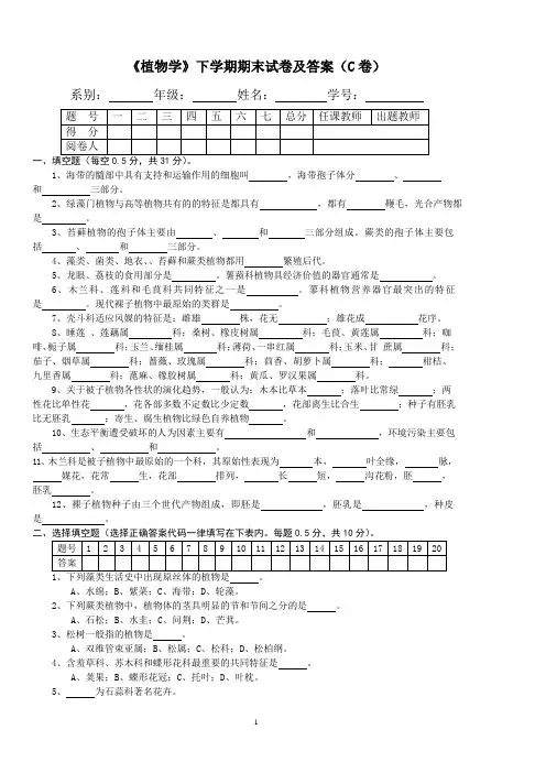 《植物学》下学期期末试卷及答案(C卷)