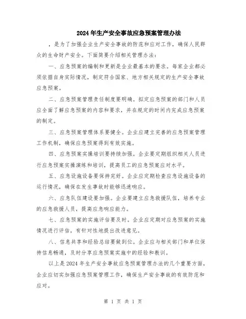 2024年生产安全事故应急预案管理办法