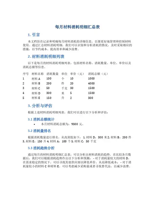 每月材料消耗明细汇总表