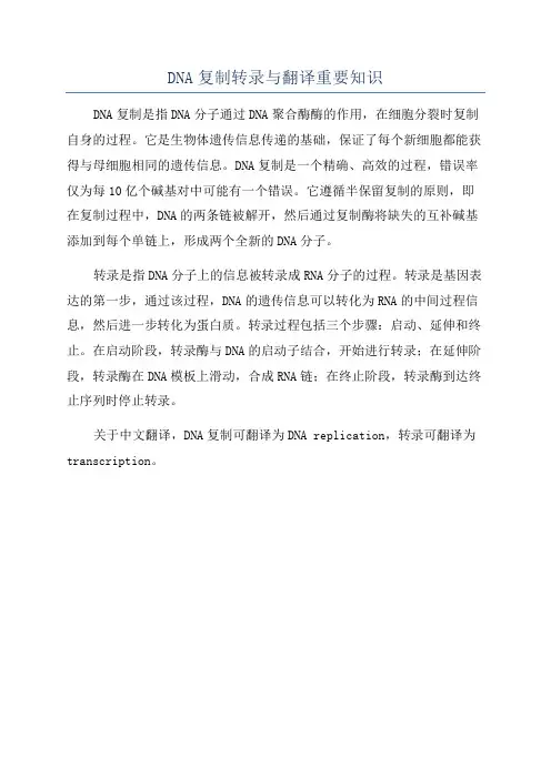 DNA复制转录与翻译重要知识