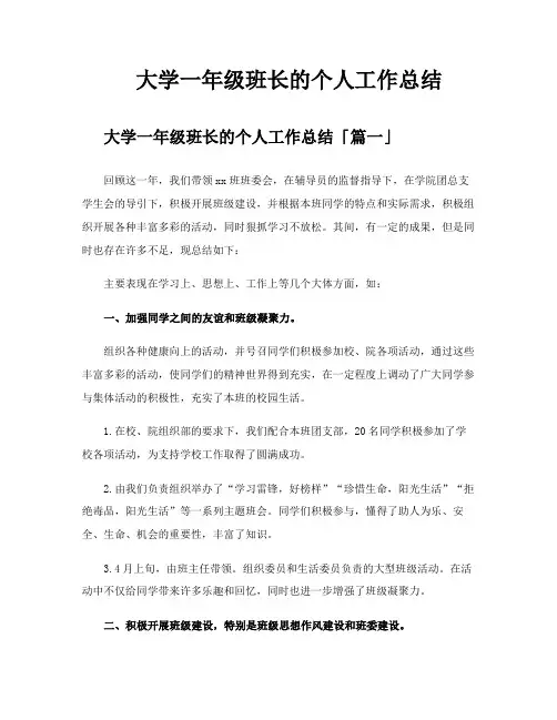 大学一年级班长的个人工作总结