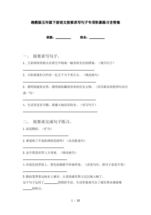 湘教版五年级下册语文按要求写句子专项积累练习含答案