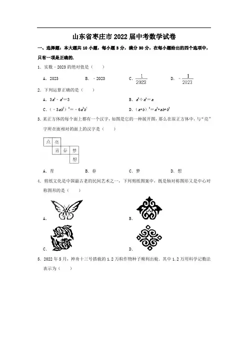 最新版山东省枣庄市2022届中考数学试卷和答案解析详解完整版