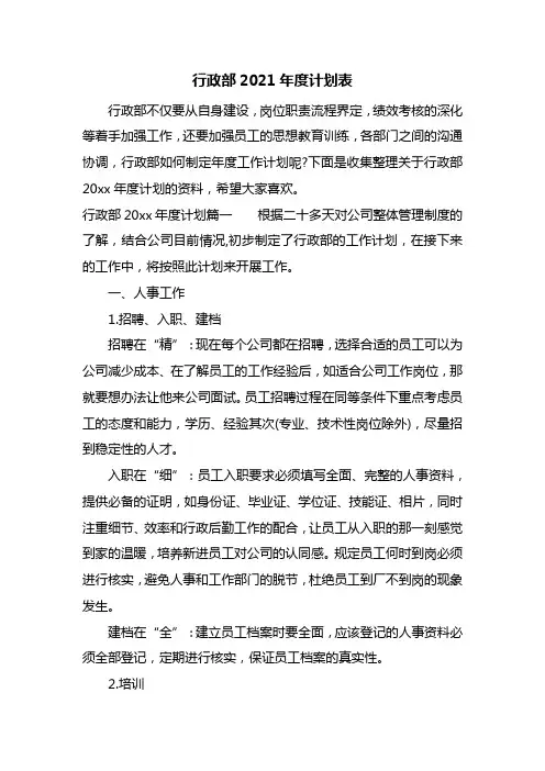 行政部2021年度计划表