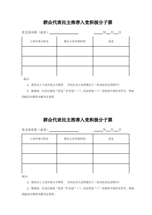 党员群众代表民主推荐入党积极分子票