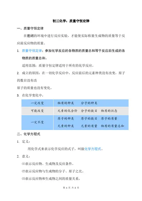 初三化学：质量守恒定律