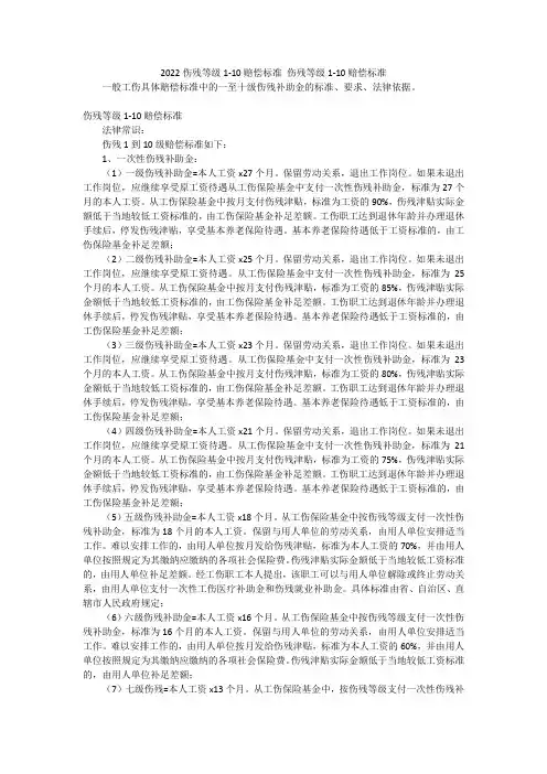 2022伤残等级1-10赔偿标准伤残等级1-10赔偿标准