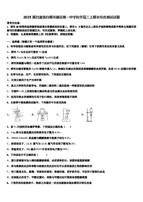 2025届甘肃省白银市靖远第一中学化学高三上期末综合测试试题含解析