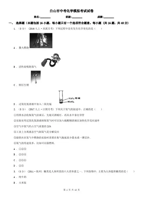 白山市中考化学模拟考试试卷