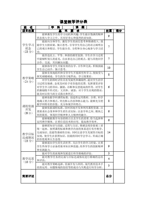 课堂教学评分表