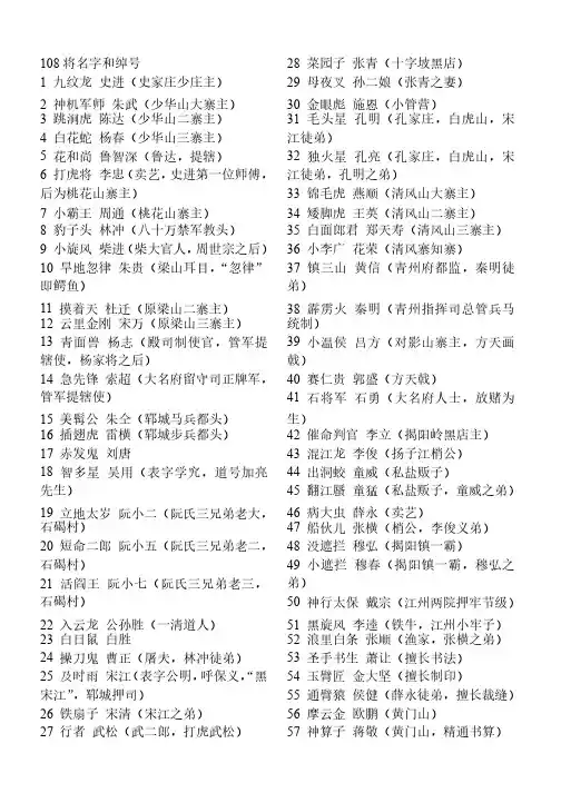 《水浒传》108将名字和绰号