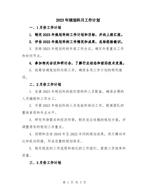 2023年规划科月工作计划