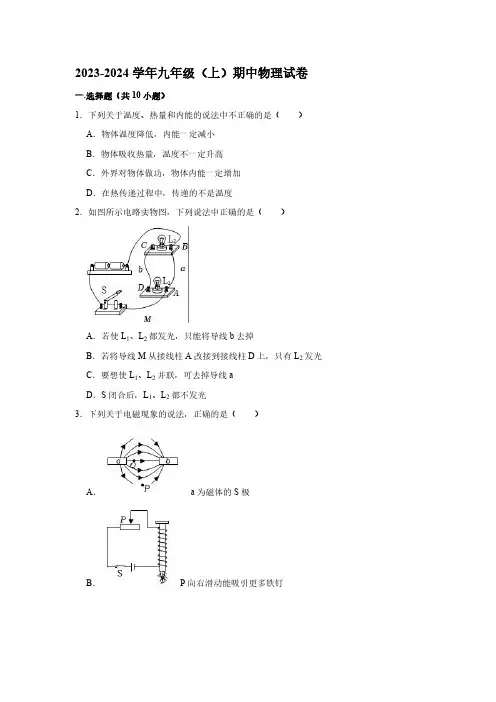 山东省青岛市2023-2024学年九年级上学期期中物理试卷(含解析)