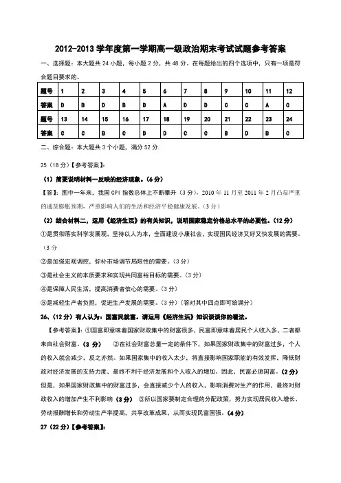 化州市2012高一《经济生活》期末试卷参考答案