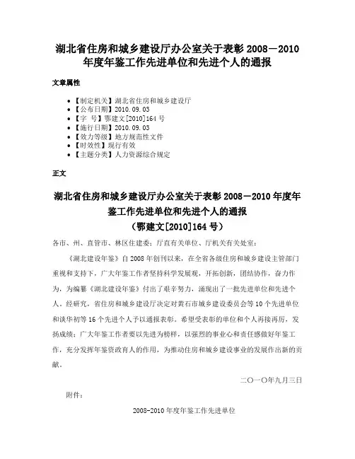 湖北省住房和城乡建设厅办公室关于表彰2008―2010年度年鉴工作先进单位和先进个人的通报