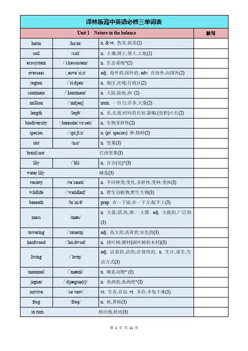 译林版高中英语必修三单词表带音标(含默写)